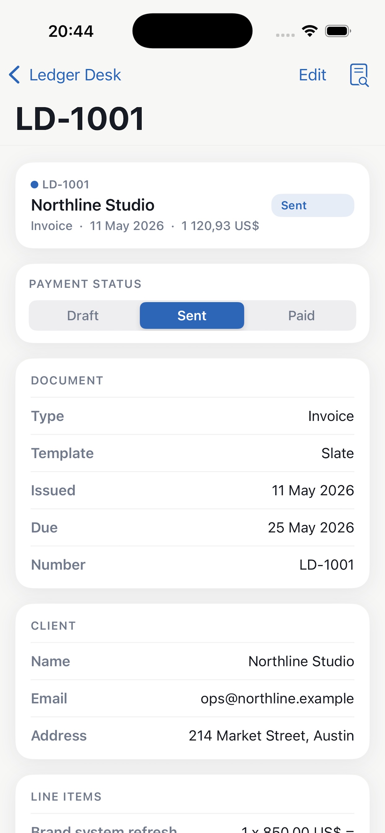Invo invoice detail screen