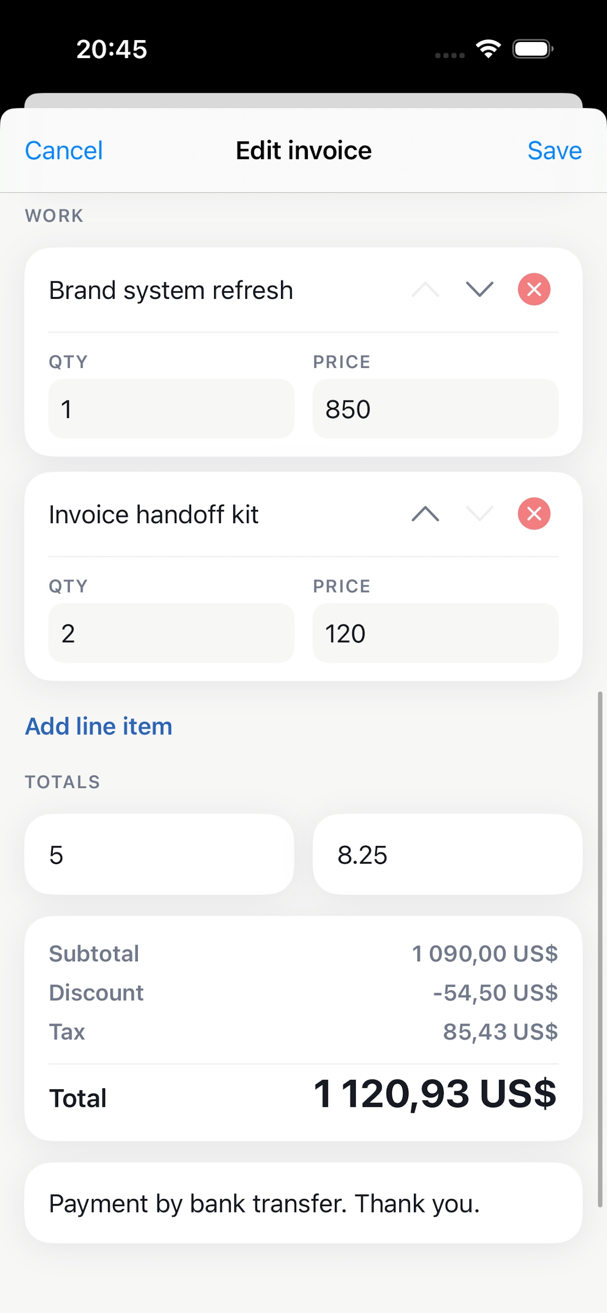 Invo edit invoice screen with line items