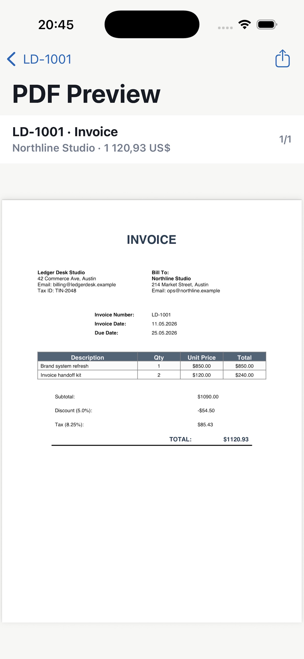 Invo PDF preview of a professional invoice